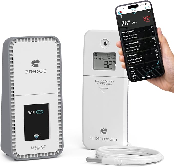 Temp Tracker Probe Wi-Fi Alert System with the Bridge Gateway and a Temperature Probe Sensor with Ambient Temperature and Humidity