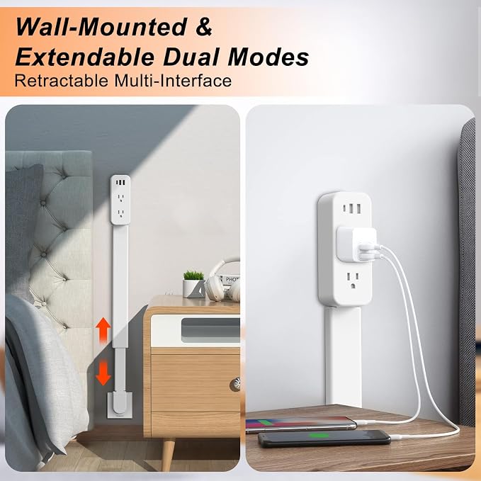 Electrical Outlet Extender Stick - Features USB-A, USB-C and 2 AC Outlets, Extends 22"-34", Rotates 180° Access Hard-to-Reach Outlets, Wall Plug Power Socket Expander Nightstands, Sofa, Desks and More