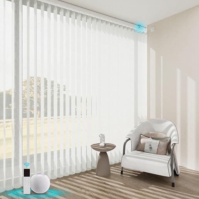 Motorized Sheer Vertical Blinds Work with Alex Google Home, Light Filtering Smart Vertical Blind Sliding Door Blinds Remote Control Blinds for Sliding Glass Door Customize(Embossed White)
