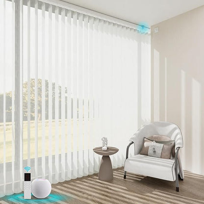 Motorized Sheer Vertical Blinds Work with Alex Google Home, Light Filtering Smart Vertical Blind Sliding Door Blinds Remote Control Blinds for Sliding Glass Door Customize(Embossed White)