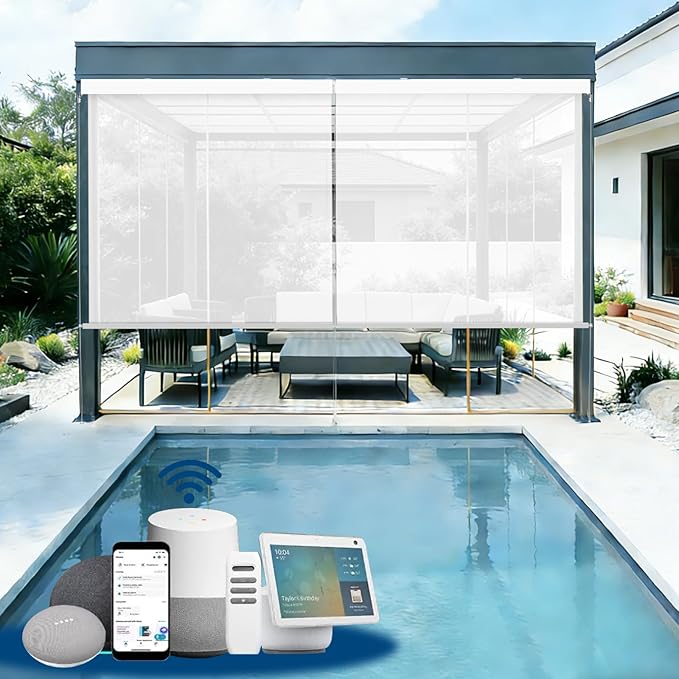 Motorized Outdoor Shades, Custom Patio Roller Blinds with Remote, Smart Exterior Sun Shades Compatible with Alexa, HomeKit, Google Home (3% Openness White)