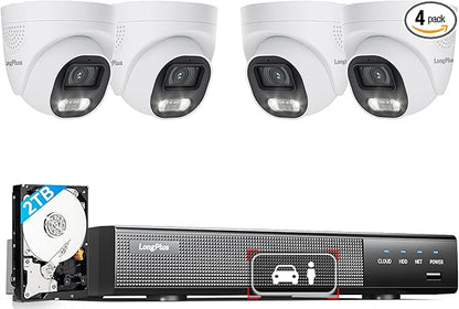 LongPlus Smart 4K 8CH Home Security Camera System, 4Pcs Wired PoE IP Cameras System Outdoor with Person/Vehicle Detection, 12MP 8CH NVR with 2TB HDD for 24-7 Recording, LP8ME84D1