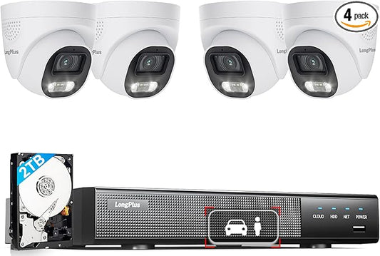 LongPlus Smart 4K 8CH Home Security Camera System, 4Pcs Wired PoE IP Cameras System Outdoor with Person/Vehicle Detection, 12MP 8CH NVR with 2TB HDD for 24-7 Recording, LP8ME84D1