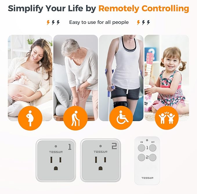 Remote Control Outlet Plug, TESSAN Wireless Light Switch Kit 100ft RF Range, On Off Switch for String Lights, Lamps, Small Appliances, Wireless Power Socket, 15A/1875W (1 Remote and 2 Outlets)
