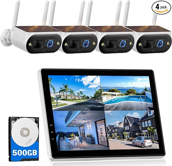 Solar Security Cameras Wireless Outdoor, Quick Installation, No Subscription Cameras for Home Security Camera System, 4MP Color Night Vision, 10CH Expandable, 2.4 & 5GHz WiFi, 4 Cameras with Monitor
