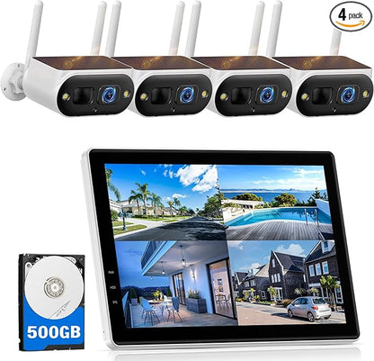 Solar Security Cameras Wireless Outdoor, Quick Installation, No Subscription Cameras for Home Security Camera System, 4MP Color Night Vision, 10CH Expandable, 2.4 & 5GHz WiFi, 4 Cameras with Monitor