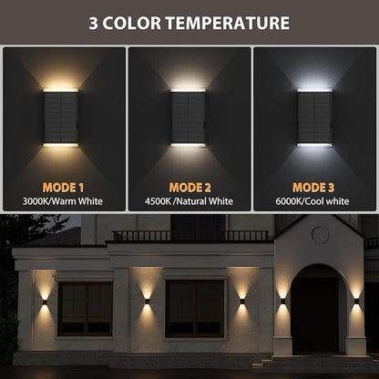 Solar Wall Light Outdoor , 3000/4000/6000K 3 Modes Dusk to Dawn Lighting Wall Sconce IP67 Waterproof Up and Down Solar Lights Outdoor Front Door Light for House, Garage, Porch, Doorway,Fence (1 PACK)
