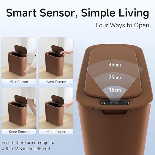 TIPGO Automatic Motion Sensor Bathroom Trash Can with Lid, 2.6 Gallon Touchless Trash Bin, Smart Garbage Can Plastic Slim Wastebasket for Bedroom, Office, Dorm (Brown)