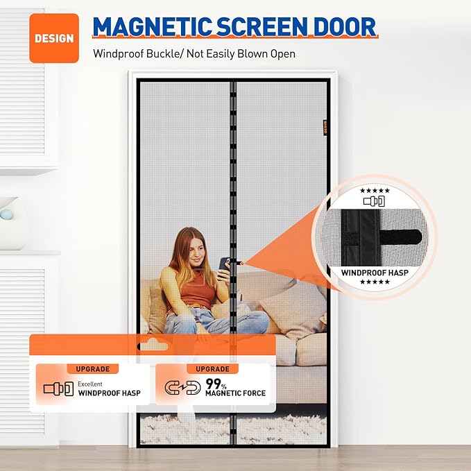 MAGZO Magnetic Screen Door Fit Door Size 70 x 95 Inch, Screen Size 72" x 96" Strong Magnets Mesh, Reinforced Fiberglass Net for Patio and Front Entrances, Gray