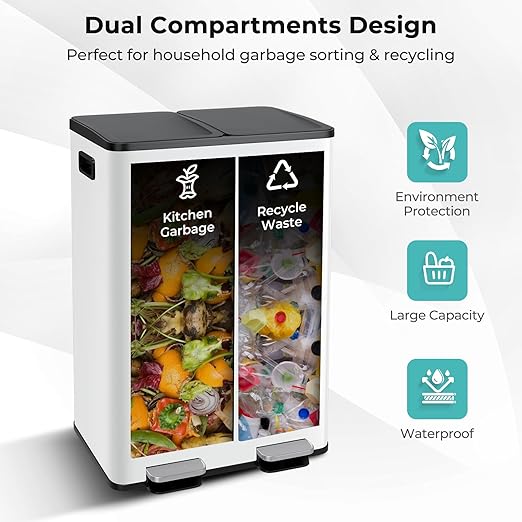 Goplus 16 Gallon/ (2x30L) Stainless Steel Trash Can, Kitchen Trash Bin w/Dual Removable Inner Buckets, Soft Closure & Step-on Pedal, Deodorizer Compartment, Garbage Bin for Recycling, White