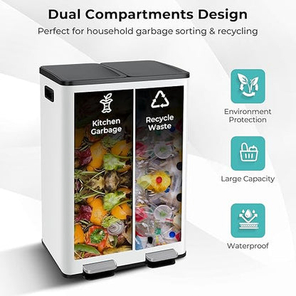 Goplus 16 Gallon/ (2x30L) Stainless Steel Trash Can, Kitchen Trash Bin w/Dual Removable Inner Buckets, Soft Closure & Step-on Pedal, Deodorizer Compartment, Garbage Bin for Recycling, White