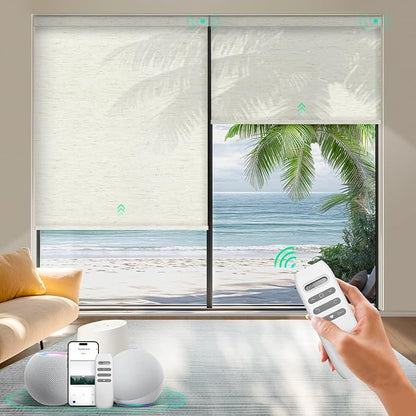 HeyBlinds Motorized Blinds with Remote, Smart Roller Shades with App & Voice Control, Work with Alexa Google HomeKit, Light Filtering Custom Window Shades for Living Room Office (Nature-Oat Milk LF)