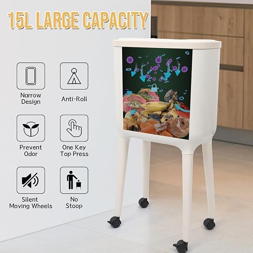 XPIY 4 Gallon Bathroom Trash Can with Wheels and Lid, Slim Garbage Bin