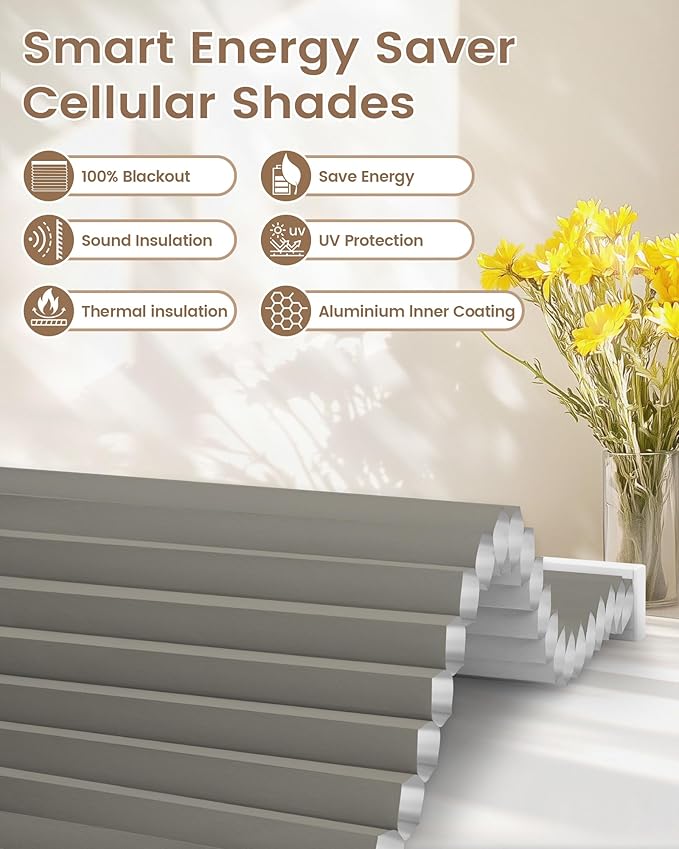 Kincmo Motorized Cellular Shades, Custom Motorized Blinds with Remote, Cordless Smart Electric Honeycomb Blinds Work with Apple HomeKit, Alexa, Google (100%-Blackout-Single-Cell Grey)