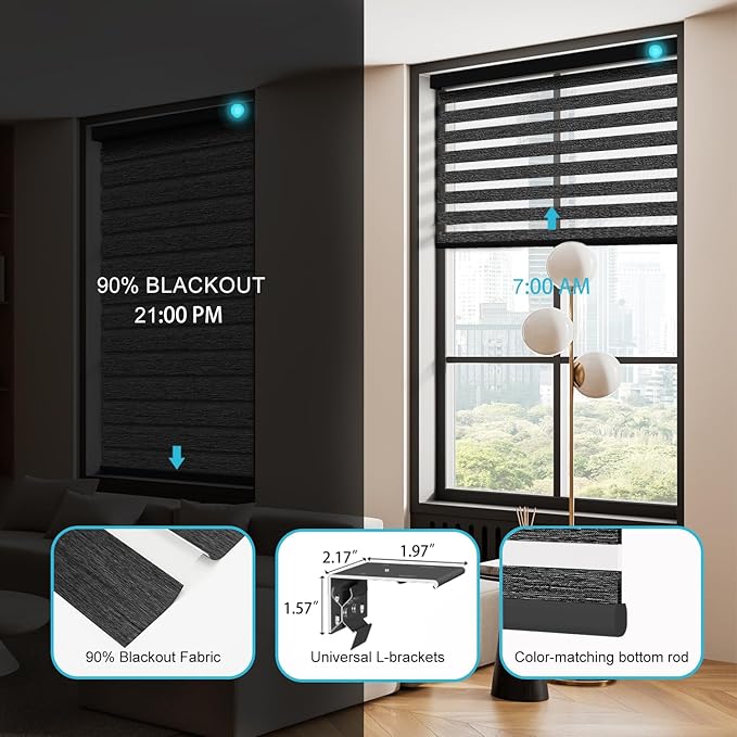 Motorized Zebra Blinds with Remote, Work with HomeKit Alexa, Smart Light Filtering Horizontal Automatic Electric Window Shades for Home Office Customsize（90% Blackout Black）