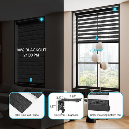 Motorized Zebra Blinds with Remote, Work with HomeKit Alexa, Smart Light Filtering Horizontal Automatic Electric Window Shades for Home Office Customsize（90% Blackout Black）