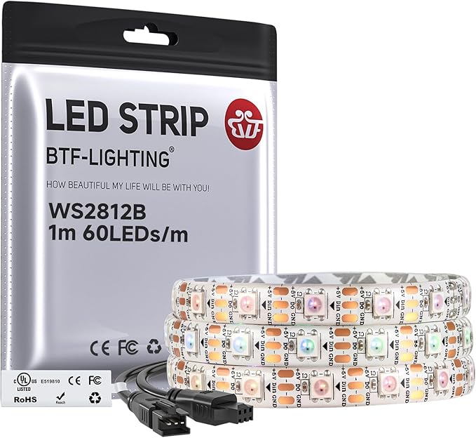 BTF-LIGHTING WS2812B IC RGB LED Strip,UL Listed,Pure Gold Wires,DC5V 3.28FT 60LED 5050SMD,Individually Addressable,Flexible for DIY Chasing Full Color Project,3M Tape,IP65(No Adapter or Controller)