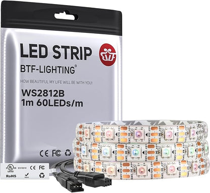 BTF-LIGHTING WS2812B IC RGB LED Strip,UL Listed,Pure Gold Wires,DC5V 3.28FT 60LED 5050SMD,Individually Addressable,Flexible for DIY Chasing Full Color Project,3M Tape,IP65(No Adapter or Controller)