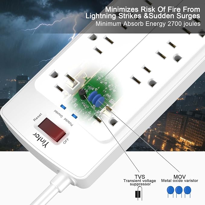 Yintar 6Ft Surge Protector Power Strip with 12 Outlets and 4 USB Ports | 10 Feet Flat Plug Extension Cord with Multiple Outlets for Home, Office, Dorm Essentials, 2700 Joules, ETL, White