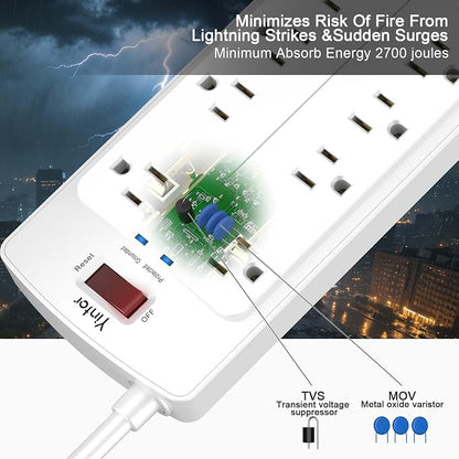 Yintar 6Ft Surge Protector Power Strip with 12 Outlets and 4 USB Ports | 6 Feet Flat Plug Extension Cord with Multiple Outlets for Home, Office, Dorm Essentials, 2700 Joules, ETL, White