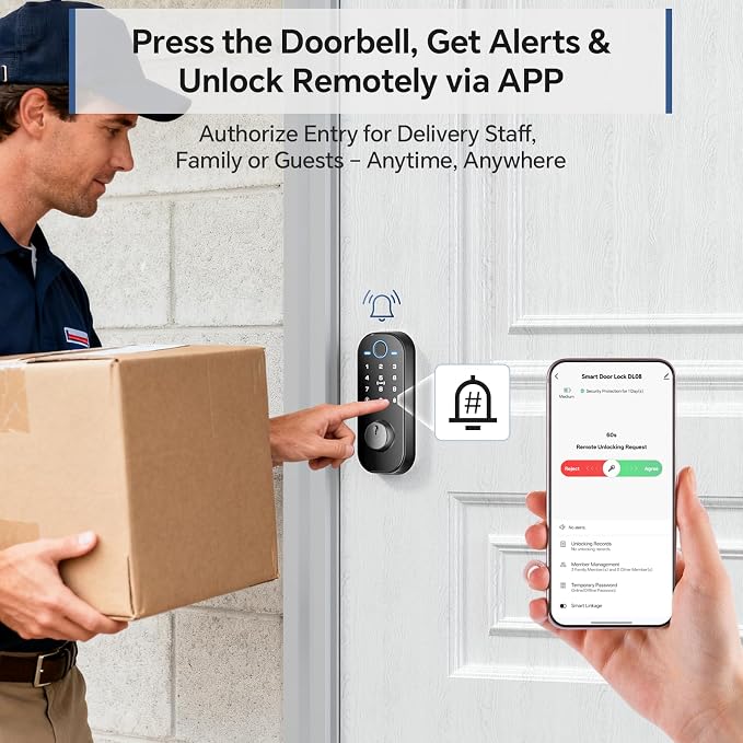 Ulecoce DL08 Fingerprint Smart Deadbolt with App Control, Mate Black | 5‑in‑1 Smart Deadbolt with Remote Control, Auto‑Lock, Touchscreen Keypad, 5 Keys & 2 Fobs, USB‑C Port, ANSI Grade 3 Security