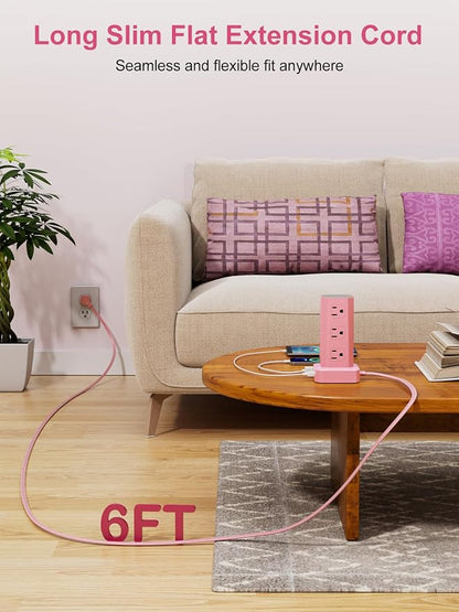 Power Strip Tower Surge Protector, 6FT Flat Plug Extension Cord with Multiple Outlets, 12 AC Outlets 4 USB (2 USB C), Desktop Charging Station with Surge Protection for Home Office Dorm Room, Pink