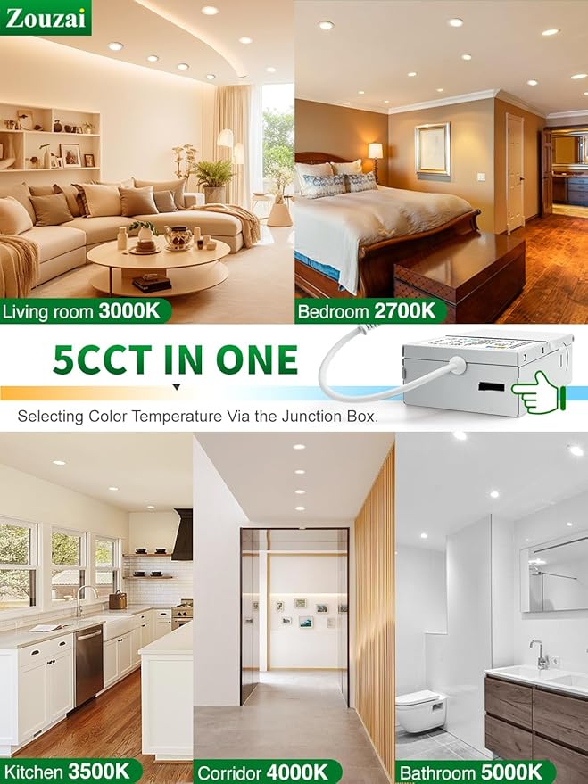 zouzai 20 Pack 4 Inch Ultra-Thin LED Recessed Ceiling Light with Junction Box 5CCT Adjustable Dimmable Can-Killer Downlight - ETL and Energy Star Certified