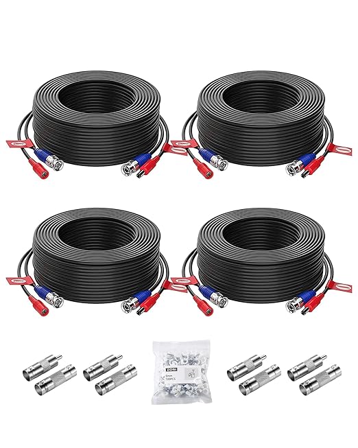 ZOSI 4-Pack 100ft (30m) BNC Video Power Cables, All-in-One Pre-Made Extension Wire for CCTV Security Camera Surveillance DVR Systems, Includes 4 BNC & RCA Connectors and 100 Cable Clips