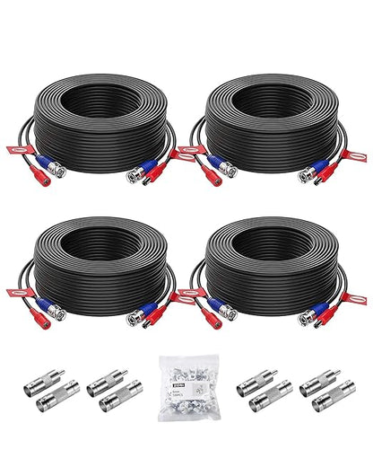 ZOSI 4-Pack 100ft (30m) BNC Video Power Cables, All-in-One Pre-Made Extension Wire for CCTV Security Camera Surveillance DVR Systems, Includes 4 BNC & RCA Connectors and 100 Cable Clips