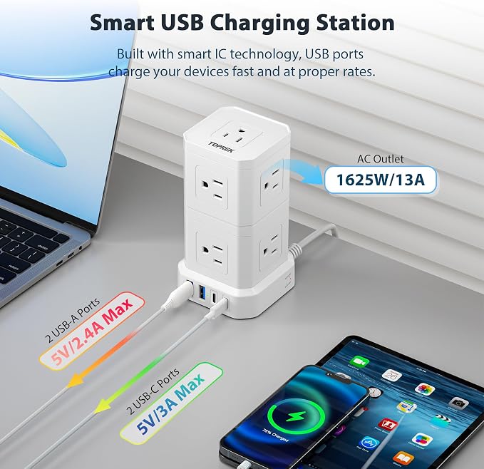 Power Strip with USB, TOPREK Power Strip Tower with 9 Outlets, 2 USB-C, 2 USB-A, Convertible Outlet Extender & Desk Charging Block, 6.5 FT Flat Plug Extension Cord for Home Office, Kitchen 1625W/13A