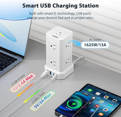 Power Strip with USB, TOPREK Power Strip Tower with 9 Outlets, 2 USB-C, 2 USB-A, Convertible Outlet Extender & Desk Charging Block, 6.5 FT Flat Plug Extension Cord for Home Office, Kitchen 1625W/13A