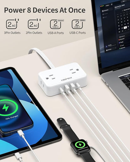 Flat Plug Extension Cord, 6 Ft Ultra Thin Power Strip with 4 AC Wide Spaced Outlets and 4 USB (2 USB-C) Ports, No Surge Protector for Cruise Ship, White Extension Cord for Travel Home Office