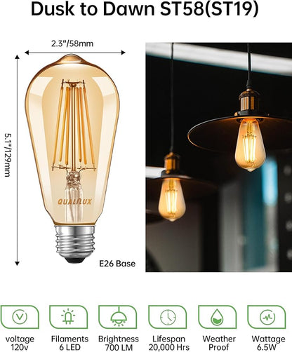 Qualilux Dusk to Dawn Edison Light Bulbs ST19, Vintage Amber Glass, 2300K Amber Warm, 6.5W=60W, Non-Dimmable Auto On/Off Light Sensing LED Filament Bulb Outdoor, 700LM, E26, 2-Pack, HQ-H027