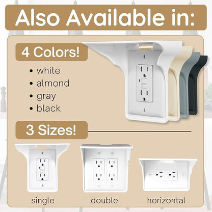 Power Perch Double Outlet Shelf, Renter Friendly Shelves, 1-Pack White | No Drill Alexa Stand Holder Outlet Mount for Bathroom, HomePod Stand, Cord Storage Strap, WiFi Router Wall Shelf, USA Made