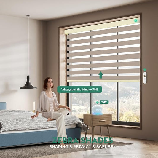 Motorized Zebra Blinds with Remote [Dual Layer + Light Filtering] 95% Blackout Smart Shades for Indoor Windows, Alexa Google and HomeKit Compatible, Customized Size, Equinox Copper