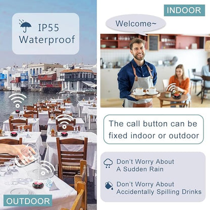 Wireless Waiter Calling System for Restaurant Fast Food Cafe 20 Table Button Features Call/Bill/Cancel Functions 1 Vibration + Buzzer + Light Alert Wrist Watch Pagers with Type-C Port