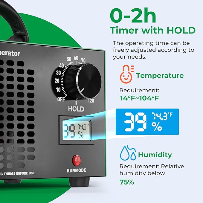 Ozone Generator 160,000mg/H with Temp/Humidity Display - 120 Min Timer O3 Ionizer Air Purifier for Large Spaces (5000 Sq.Ft) - Upgraded Ozone Machine for Cars, Homes, Hotels, Kitchens & Pet Areas