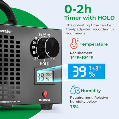 Ozone Generator 160,000mg/H with Temp/Humidity Display - 120 Min Timer O3 Ionizer Air Purifier for Large Spaces (5000 Sq.Ft) - Upgraded Ozone Machine for Cars, Homes, Hotels, Kitchens & Pet Areas