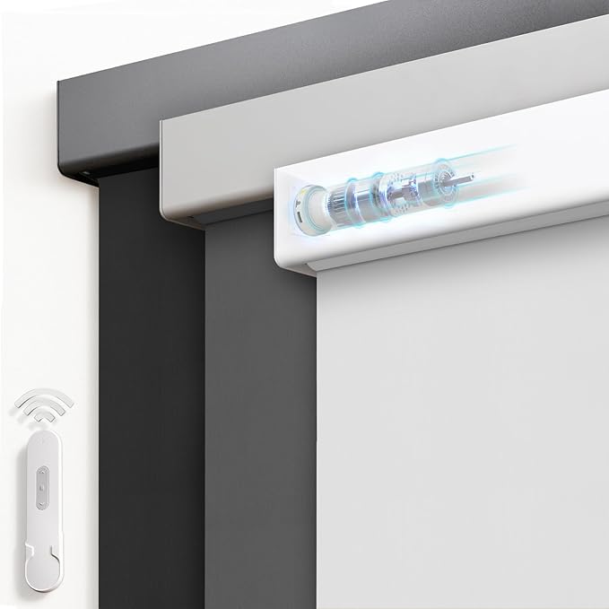 Motorized Blinds with Remote, Blackout Rechargeable Automatic Roller Shades, Cordless Smart Blinds Compatible with Alexa, Custom Blind for Indoor Windows, Photo Film Snow White