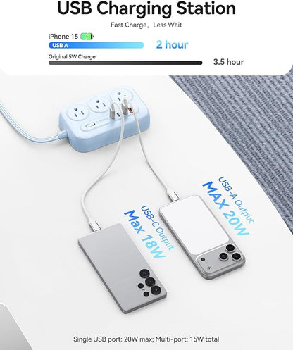 ORICO Surge Protector Power Strip, PD20W Multiple Outlets Extension Cord with 6 AC Outlets and 4 USB Charging Ports (2 USB-C), 45° Flat Plug, 5 Ft Mountable Outlet Extender for Home/Office/Dorm - OG