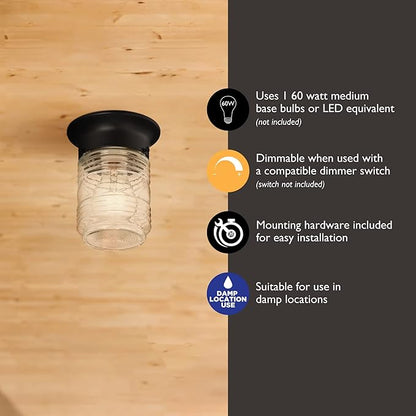 Design House Jelly Jar Indoor Outdoor Flush Mount Ceiling Light, Matte Black, 5.9 in H x 4.8 in Dia, Damp Rated, Dimmable, Uses 1 E26 Bulb, Ribbed Clear Glass, Weather-Resistant Steel, 587220
