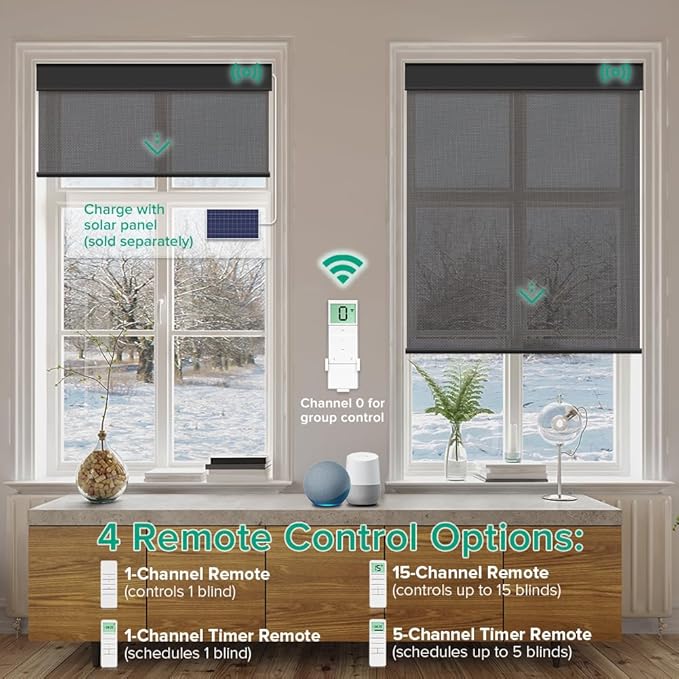 Motorized Roller Shades, Light Filtering Remote Control Custom Window Shades Compatible with Alexa Google Assistant via RF Hub, Rechargeable Electric Blinds for Windows (Fireproof Black)