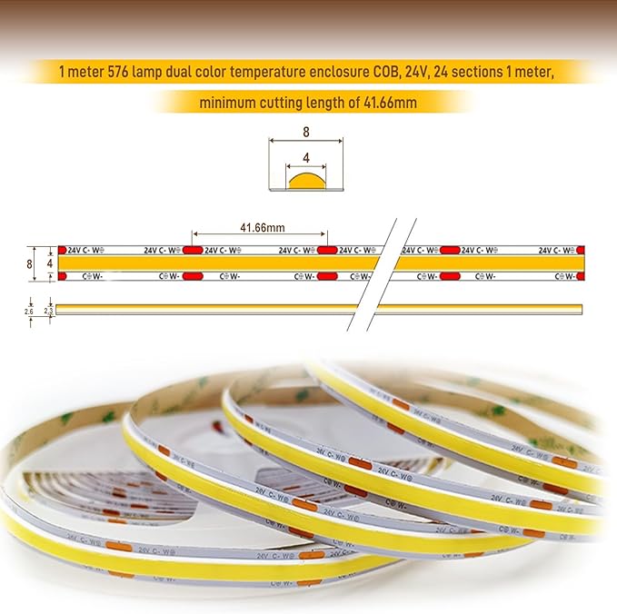 Pandery COB LED Strip Light,CCT Dimmable Strips Light,2700K-6500K,24ft/7.5m,8mm Wide,CRI90+ 24V LED Strips Kit with Bluetooth APP Control/Music Mode,for Bedroom,Kitchen,DIY Lighting