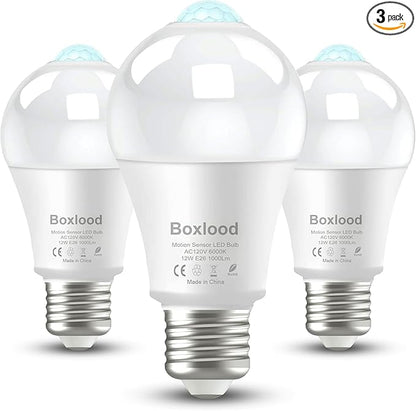 Motion Sensor Light Bulbs, 12W Motion Activated Dusk to Dawn Outdoor Light Bulb (100Watt Equivalent) A19 E26 6000K Cool White for Outdoor Indoor Front Door Porch Garage Basement Hallway, 3 Pack