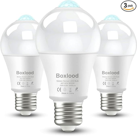 Motion Sensor Light Bulbs, 12W Motion Activated Dusk to Dawn Outdoor Light Bulb (100Watt Equivalent) A19 E26 6000K Cool White for Outdoor Indoor Front Door Porch Garage Basement Hallway, 3 Pack