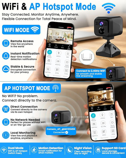 Mini Camera, 4K No Wifi Security Camera, WiFi & AP Mode, 160 Days Standby