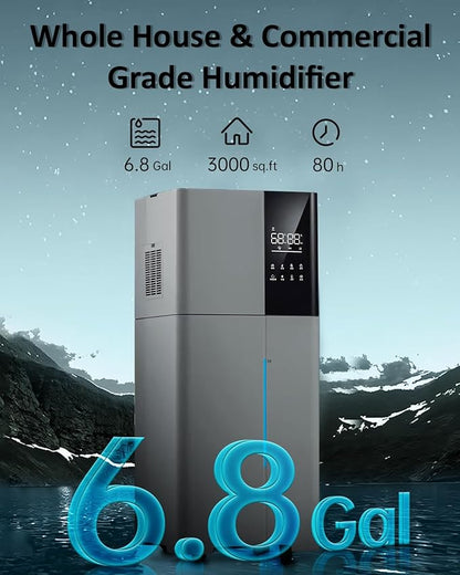 LACIDOLL Humidifier Large Room,26L/6.8Gal Whole House Humidifiers for Home 3000 sq.ft,1800ml/H Cool Mist Humidifier Baby, Top Fill Humidifiers for Bedroom Plant with 360° Nozzle & Extension Tube,Grey