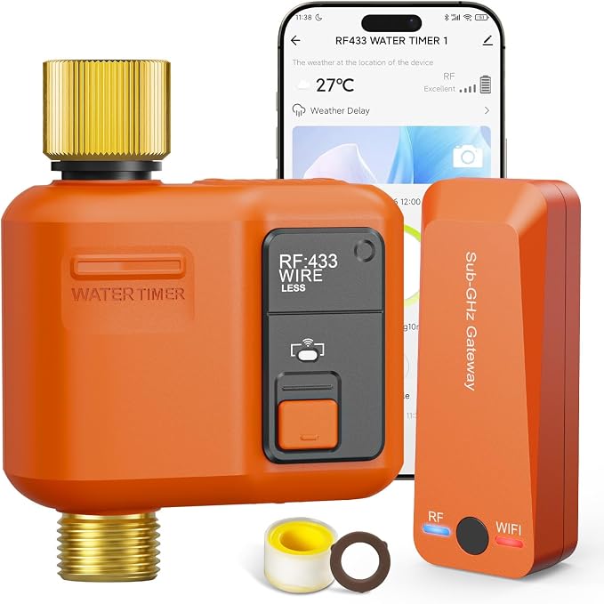 WiFi Water Timer for Garden Hose, Smart Sprinkler Timer with 984ft Long Range, Strong Wall Penetration, APP & Remote Control, Voice Control, Rain Delay, Manual Mode, Watering System