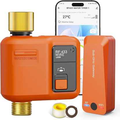 WiFi Water Timer for Garden Hose, Smart Sprinkler Timer with 984ft Long Range, Strong Wall Penetration, APP & Remote Control, Voice Control, Rain Delay, Manual Mode, Watering System