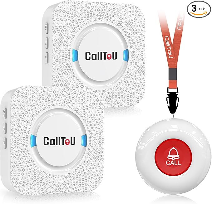 CallToU Caregiver Pager Wireless Call Button Nurse Alert System 500+ Feet for Home/Elderly/Patient/Disabled 06WS (2 Receiver 1 Round Button (3 Piece))